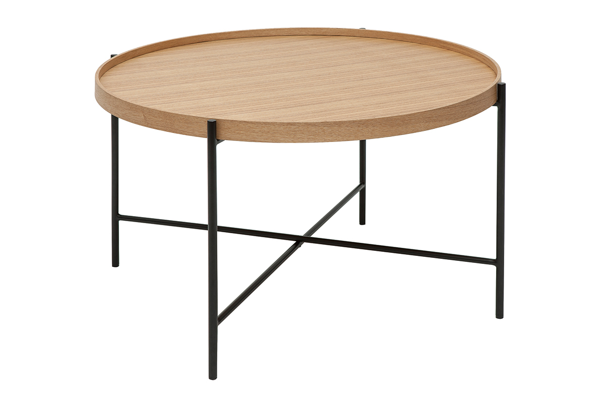 Table basse ronde bois clair et mtal noir D75 cm BASSY