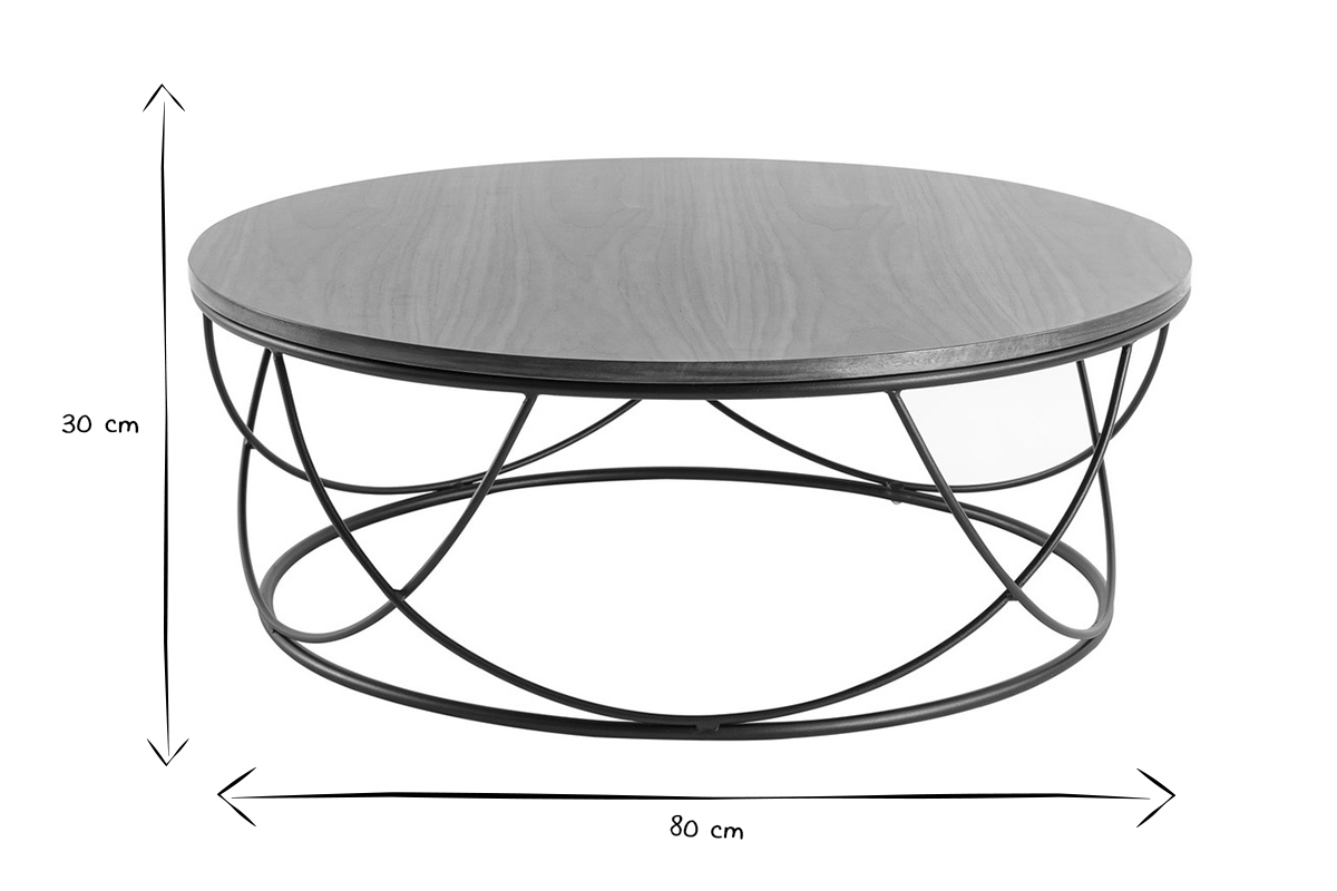 Table basse ronde bois fonc noyer et mtal noir D80 cm LACE