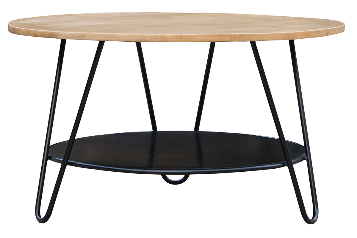 Table basse ronde bois manguier massif et mtal noir D80 cm PRIYA