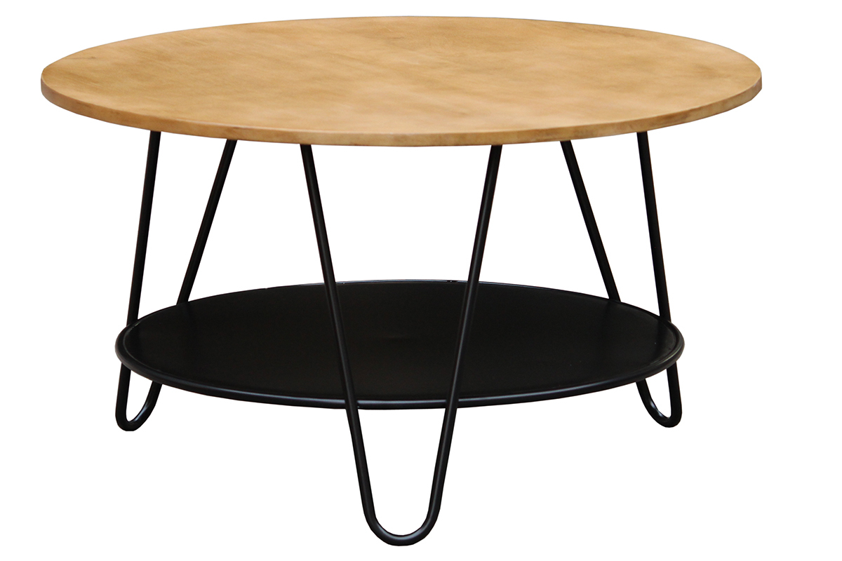 Table basse ronde bois manguier massif et mtal noir D80 cm PRIYA