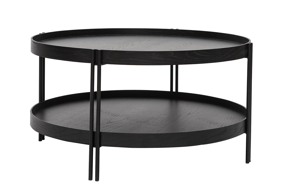 Table basse ronde design bois noir et mtal noir D80 cm TWICE