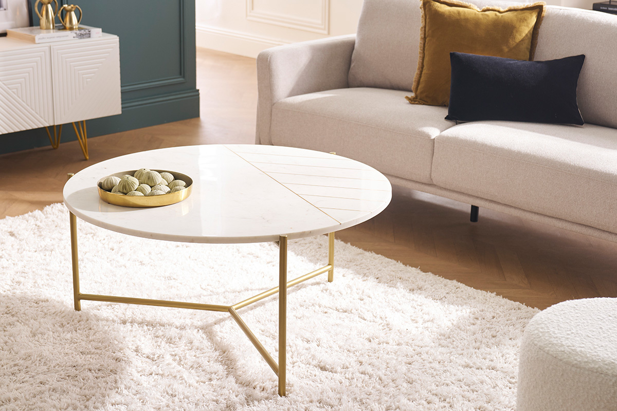 Table basse ronde design en marbre blanc et laiton D90 cm SILLON