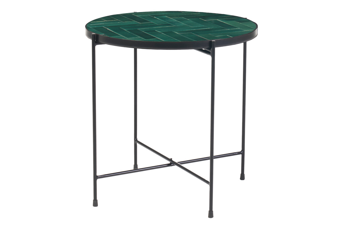 Table basse ronde en cramique vert fonc et mtal noir D50 cm KOTTA