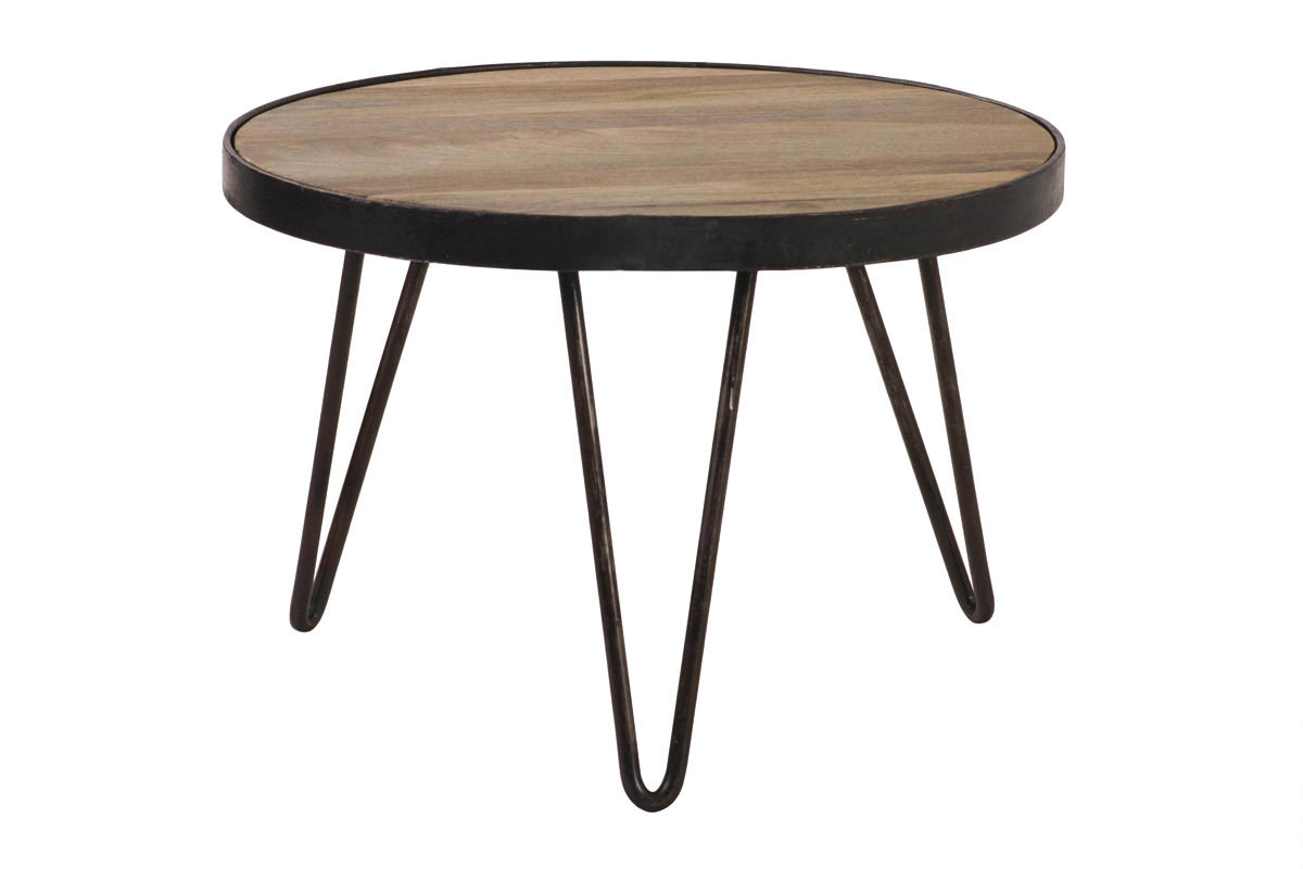 Table basse ronde industrielle bois manguier massif et mtal noir D50 cm ATELIER