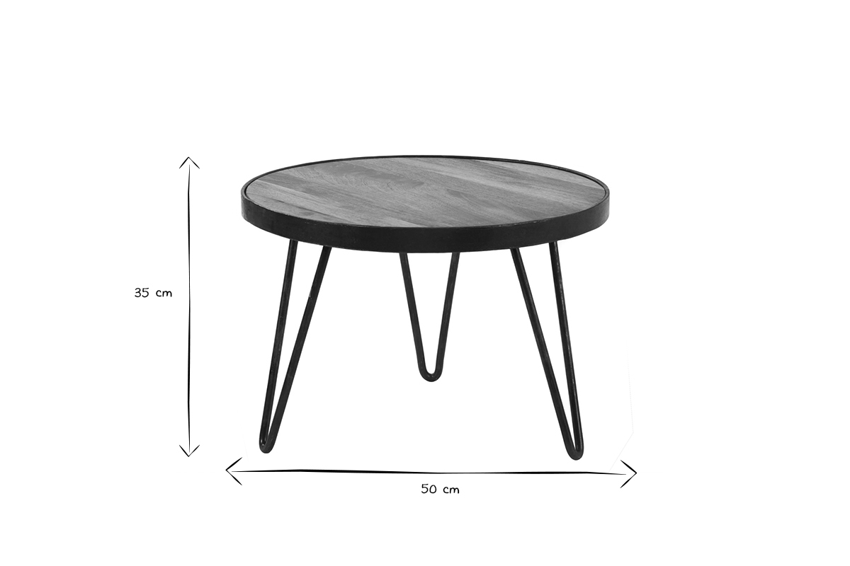 Table basse ronde industrielle bois manguier massif et mtal noir D50 cm ATELIER