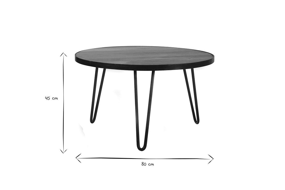 Table basse ronde industrielle bois manguier massif et mtal noir L80 cm ATELIER