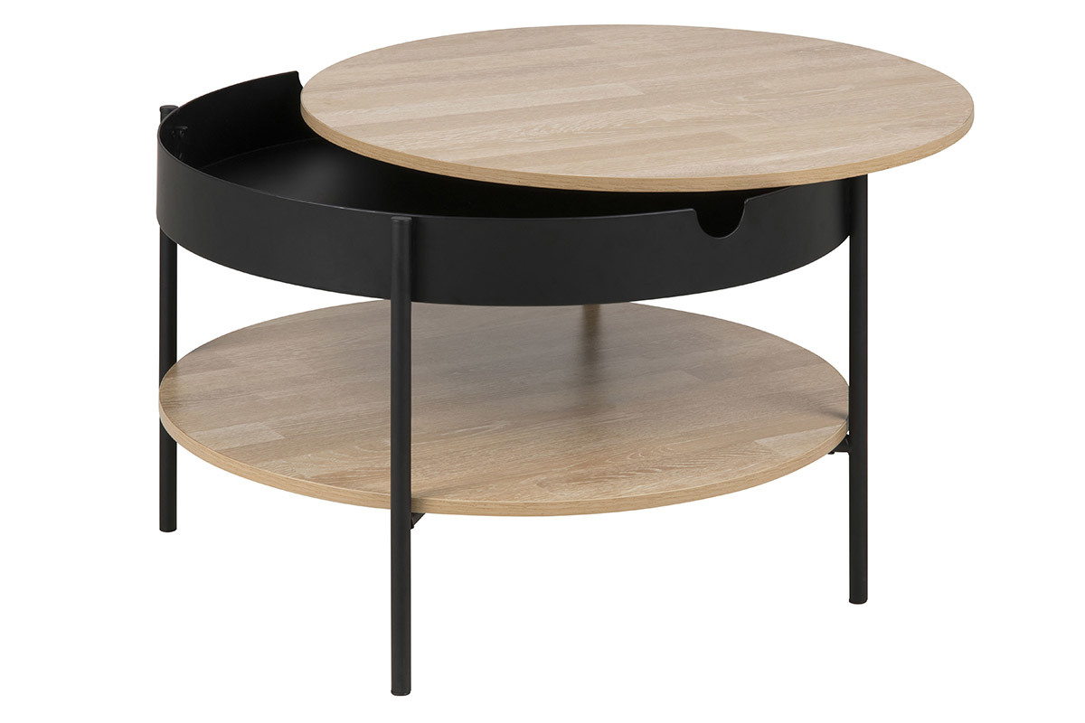 Table basse ronde placage bois et mtal noir D75 cm SUZIE