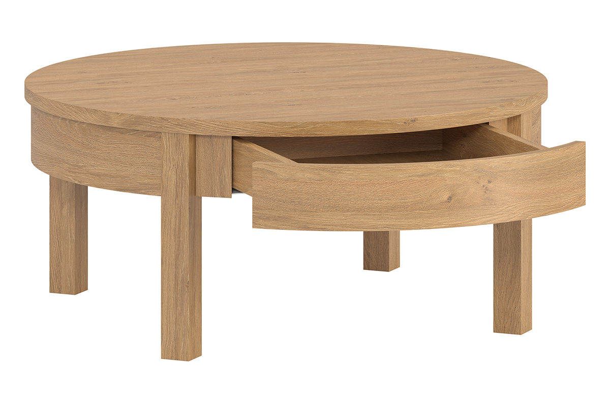 Table basse ronde scandinave avec rangement bois clair finition chne D80 cm EOLE