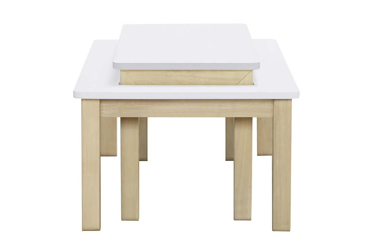 Table basse scandinave avec banc intgr blanc et bois clair L110 cm CYBEL