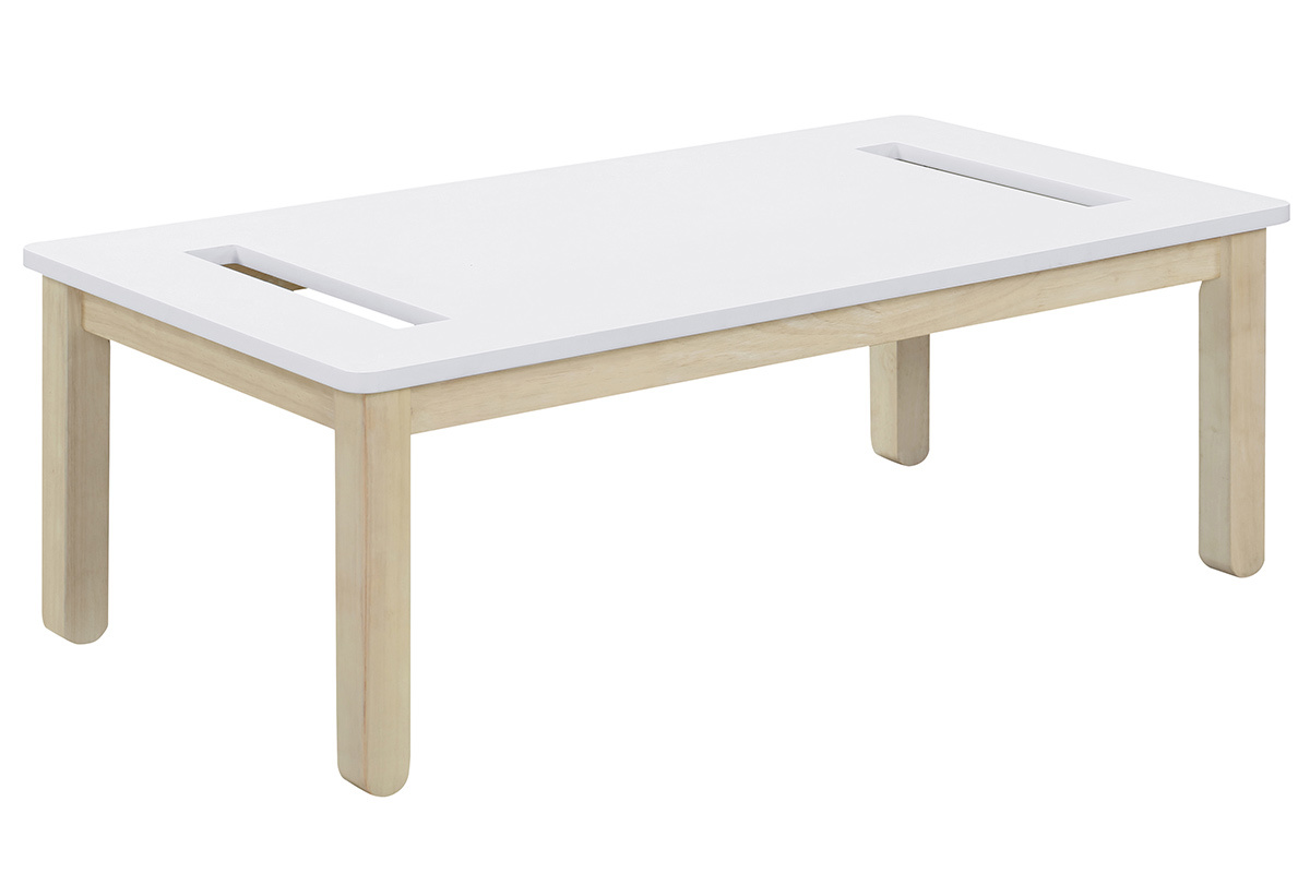 Table basse scandinave avec banc intgr blanc et bois clair L110 cm CYBEL