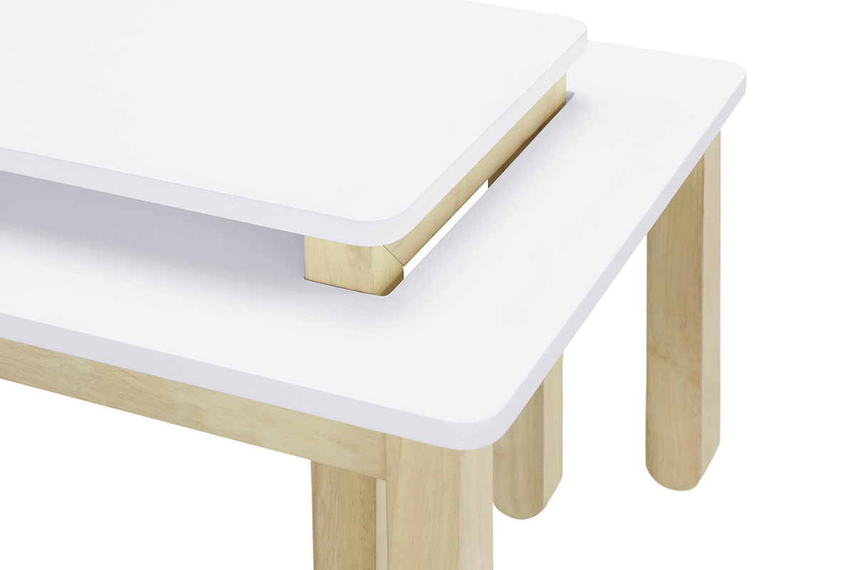 Table basse scandinave avec banc intgr blanc et bois clair L110 cm CYBEL