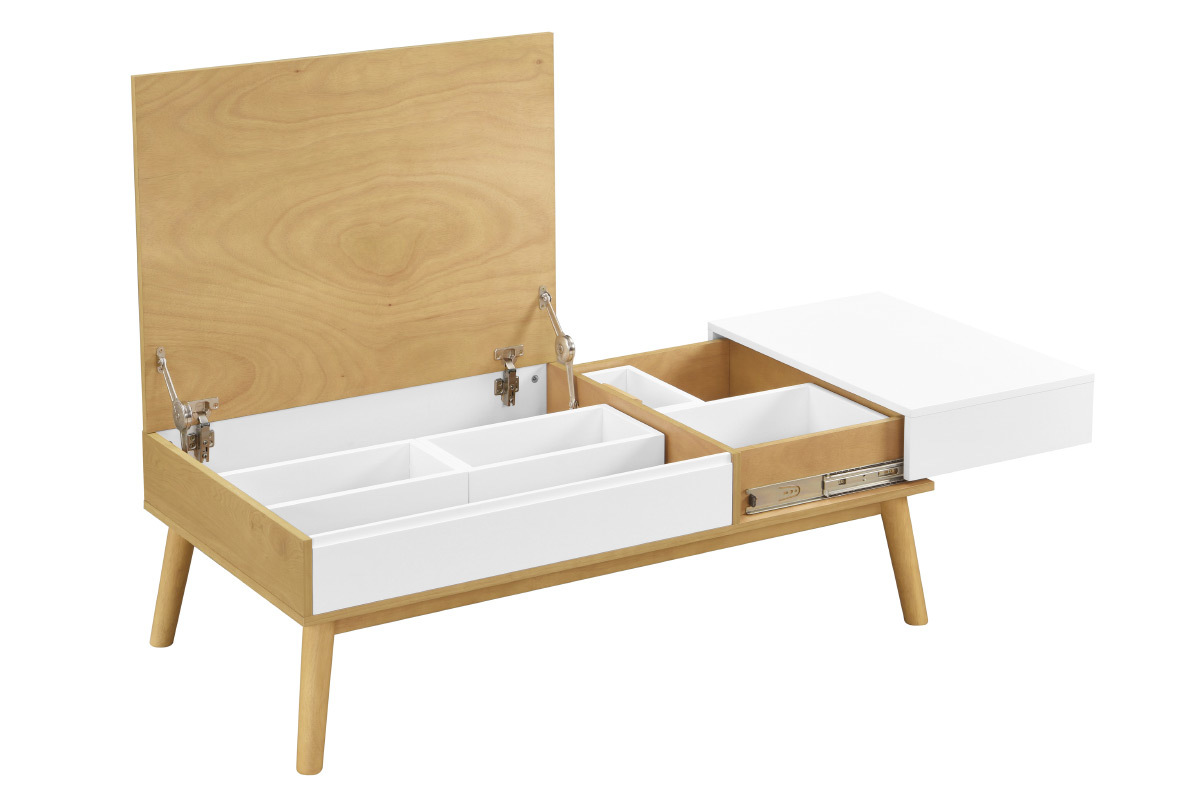 Table basse scandinave bois clair et blanc avec rangement TALIA