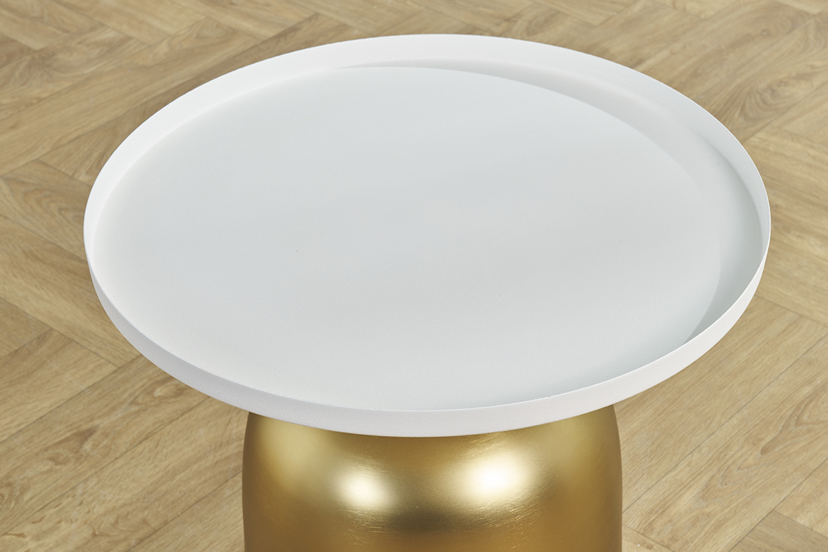 Table d'appoint design ronde en mtal dor et plateau blanc mat RAMSES