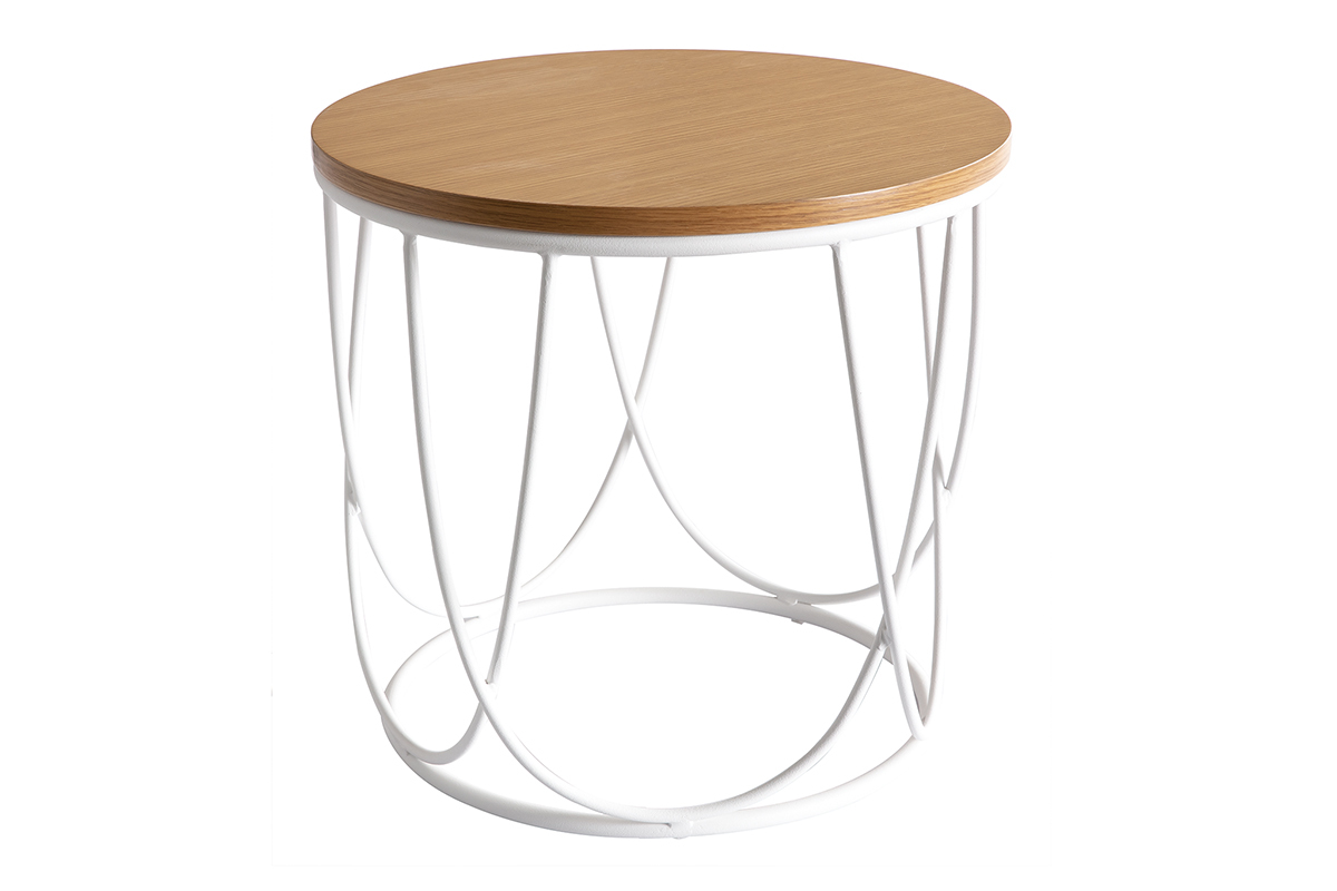 Table d'appoint ronde bois clair chne et mtal blanc D42 cm LACE