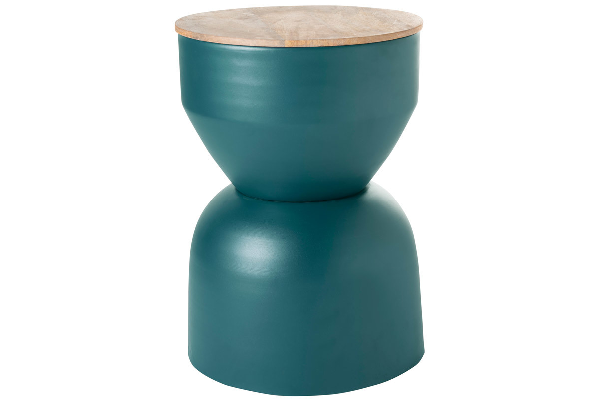 Table d'appoint ronde design avec rangement en mtal bleu canard et bois manguier massif D30 cm YOYO