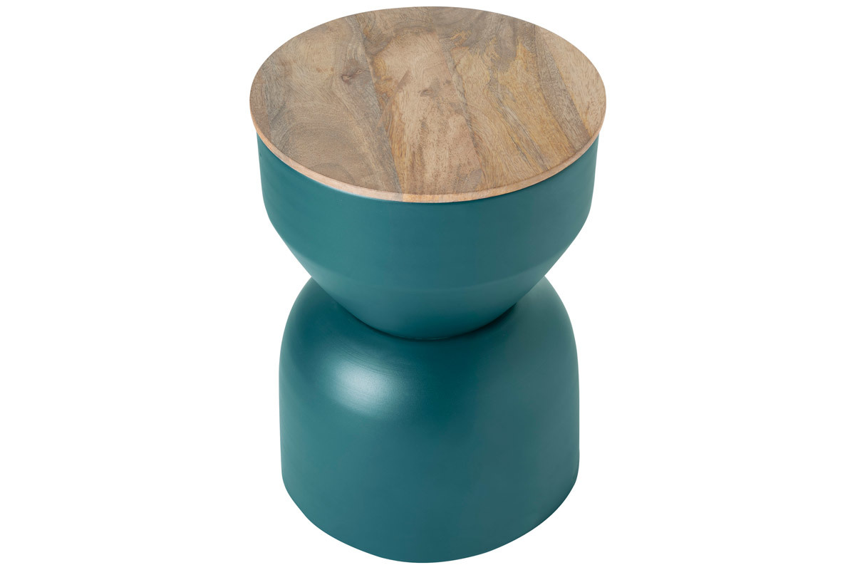 Table d'appoint ronde design avec rangement en mtal bleu canard et bois manguier massif D30 cm YOYO