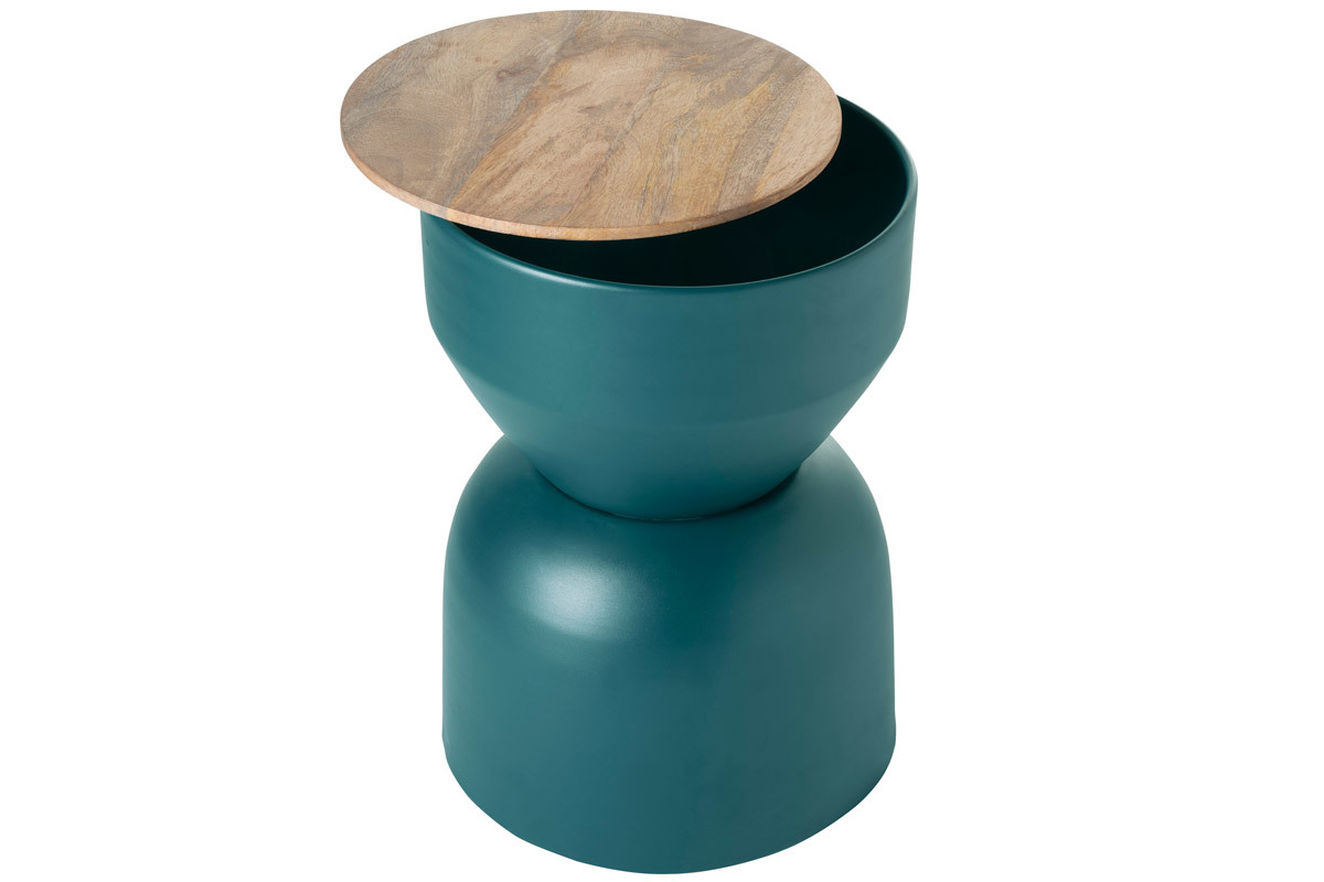 Table d'appoint ronde design avec rangement en mtal bleu canard et bois manguier massif D30 cm YOYO