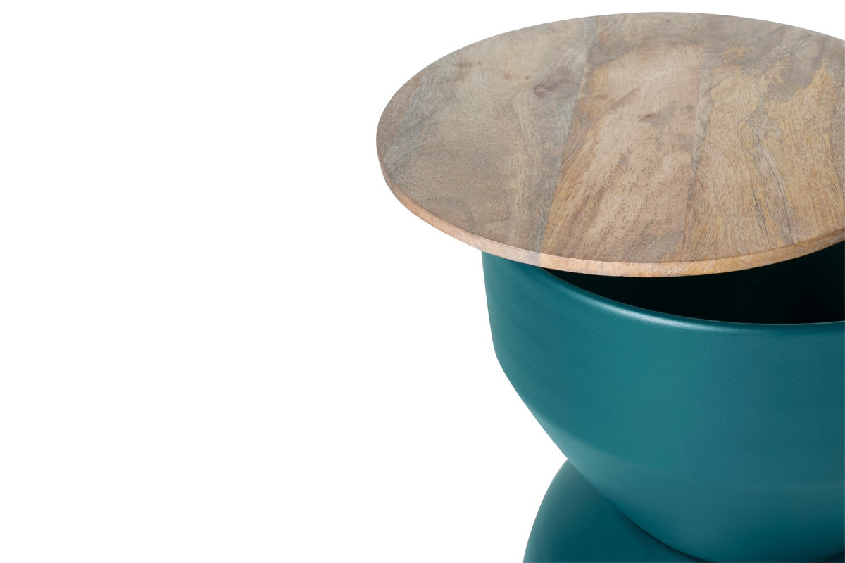 Table d'appoint ronde design avec rangement en mtal bleu canard et bois manguier massif D30 cm YOYO