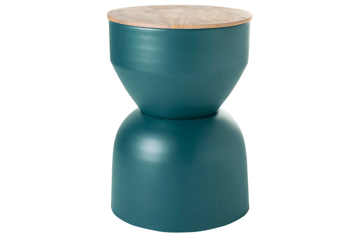 Table d'appoint ronde design avec rangement en mtal bleu canard et bois manguier massif D30 cm YOYO