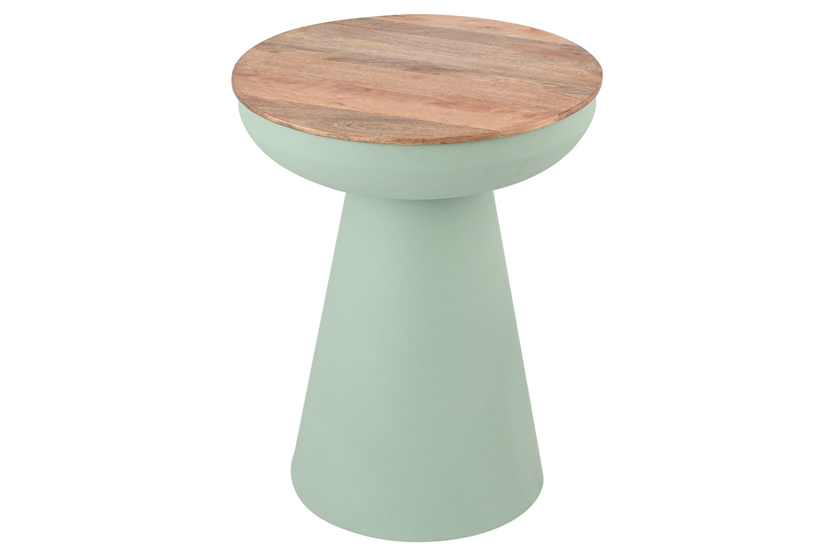 Table d'appoint ronde design avec rangement en mtal cladon et bois manguier massif H52 cm TAM