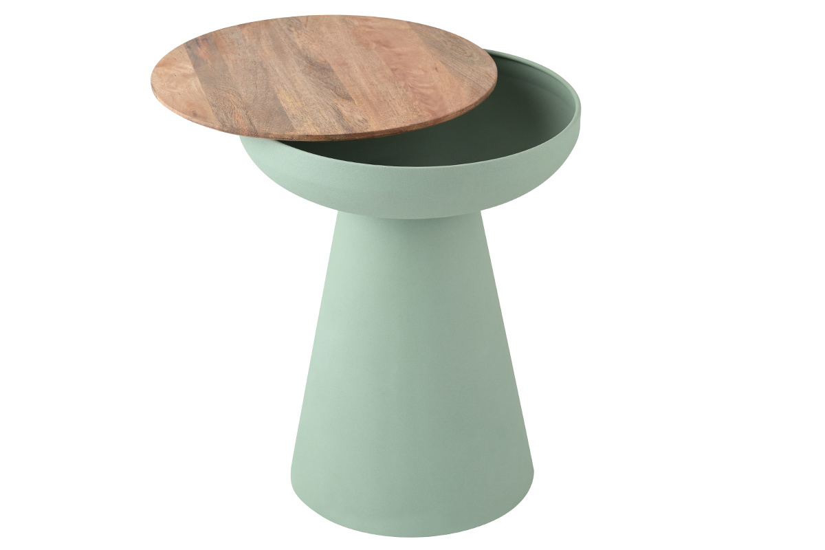 Table d'appoint ronde design avec rangement en mtal cladon et bois manguier massif H52 cm TAM