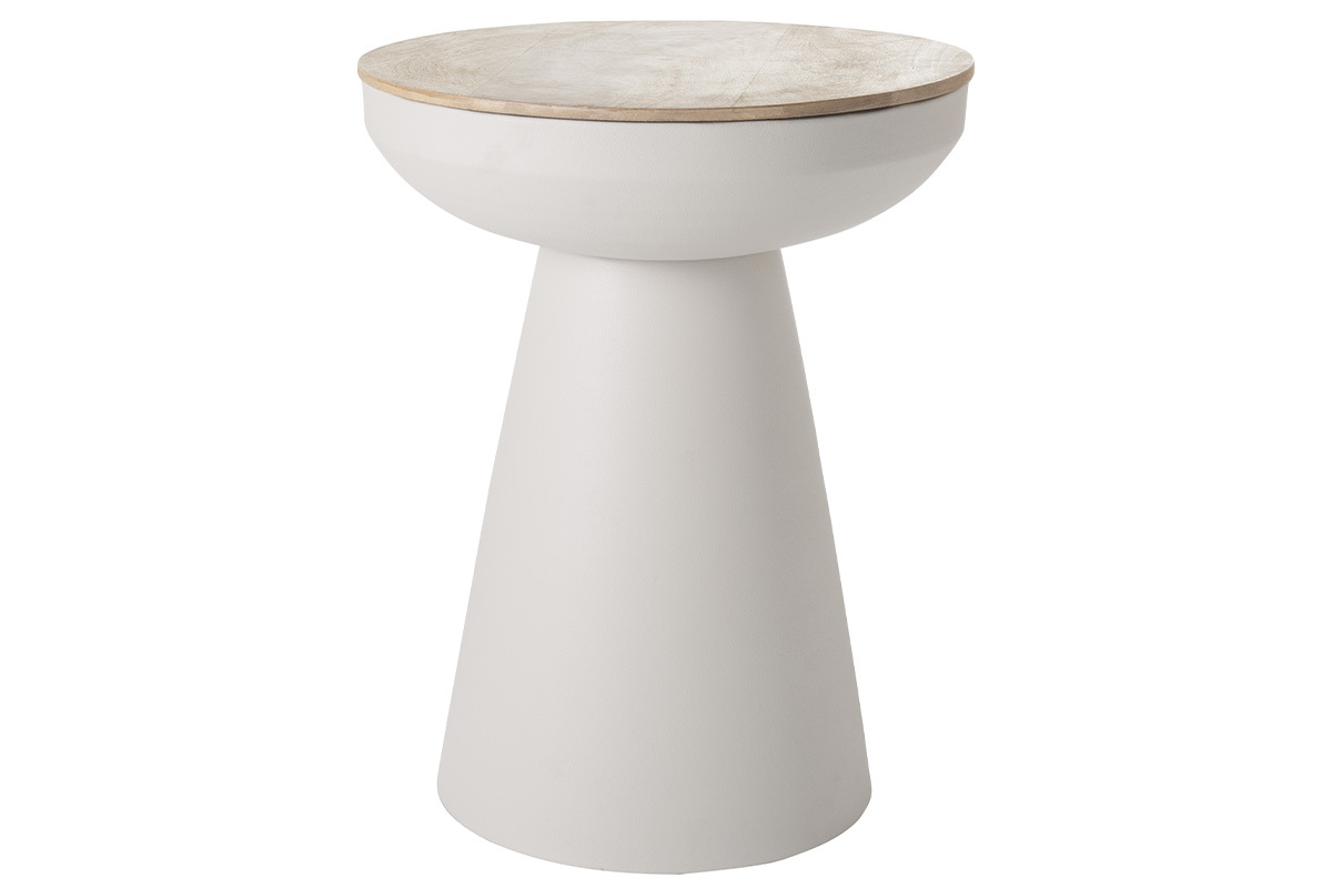 Table d'appoint ronde design avec rangement en mtal grge et bois manguier massif H52 cm TAM