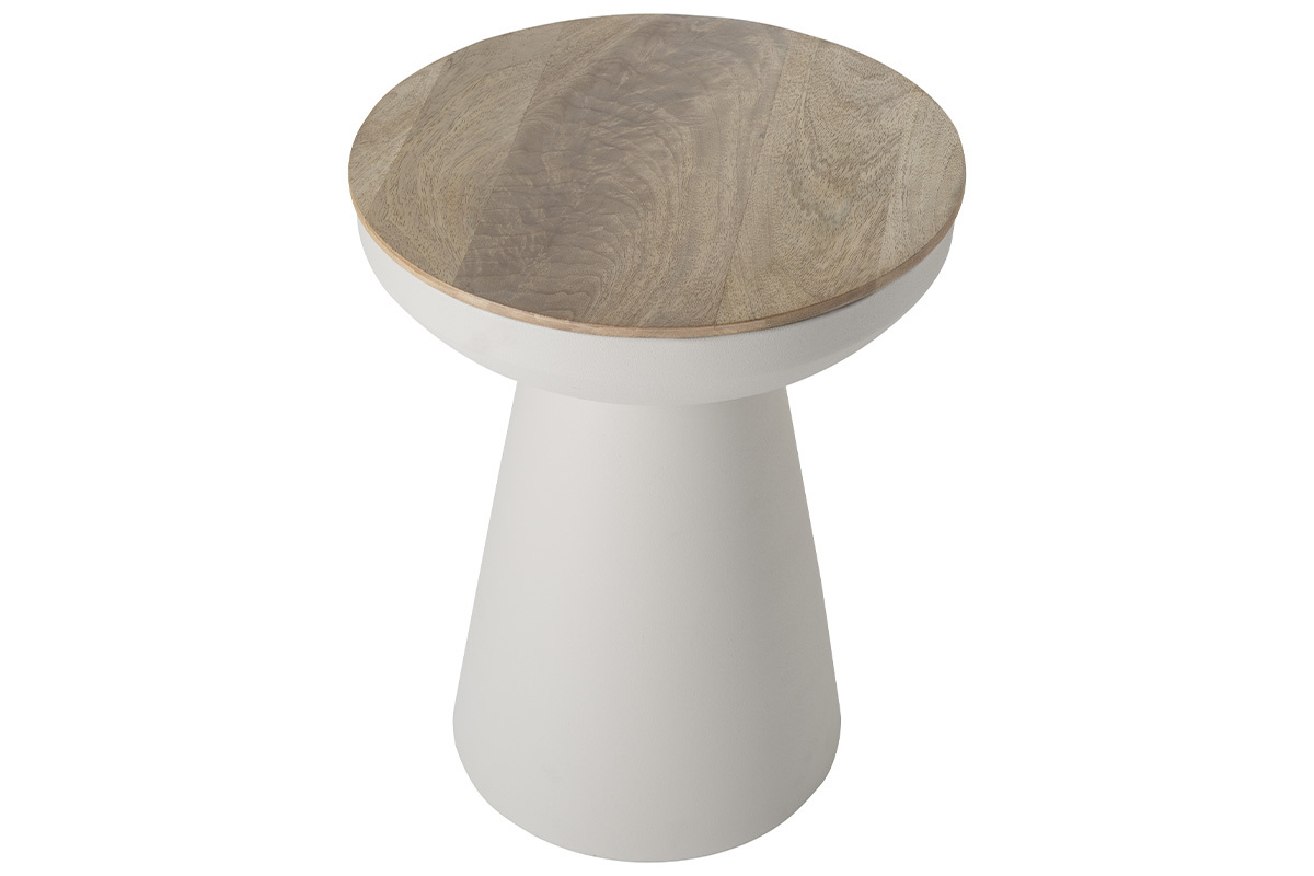 Table d'appoint ronde design avec rangement en mtal grge et bois manguier massif H52 cm TAM