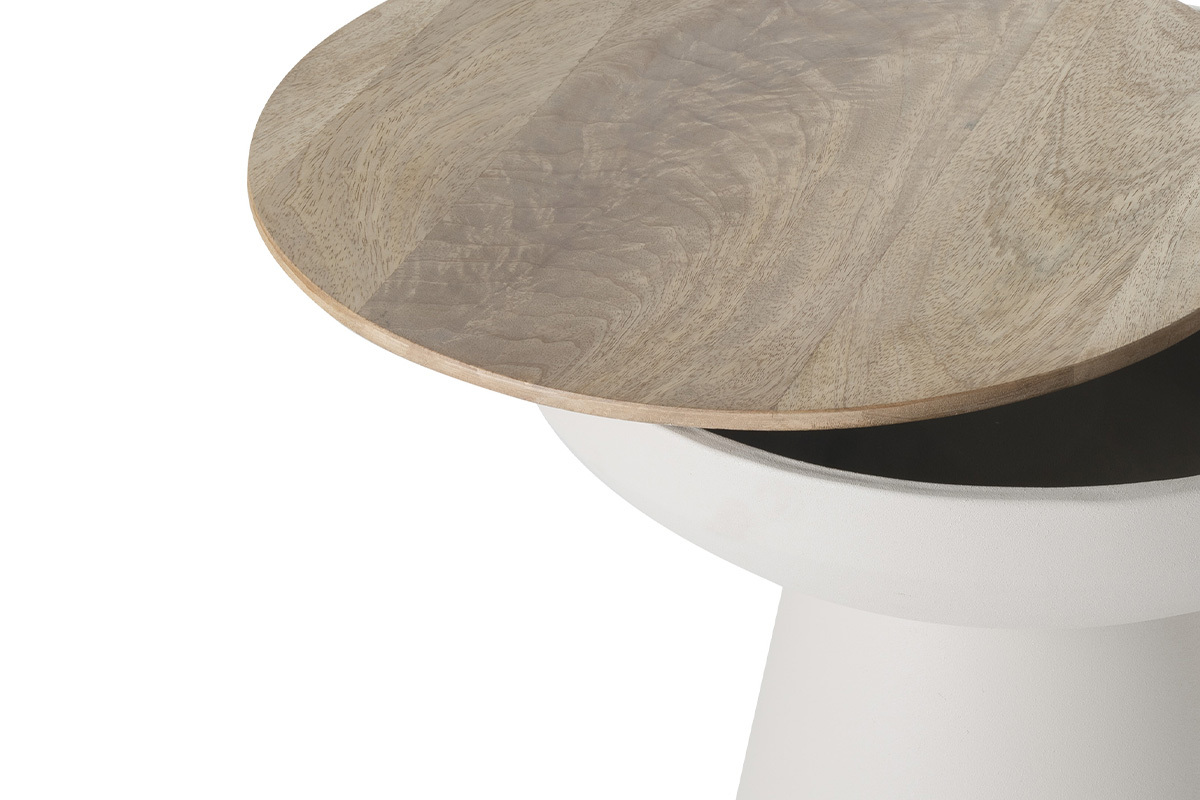 Table d'appoint ronde design avec rangement en mtal grge et bois manguier massif H52 cm TAM