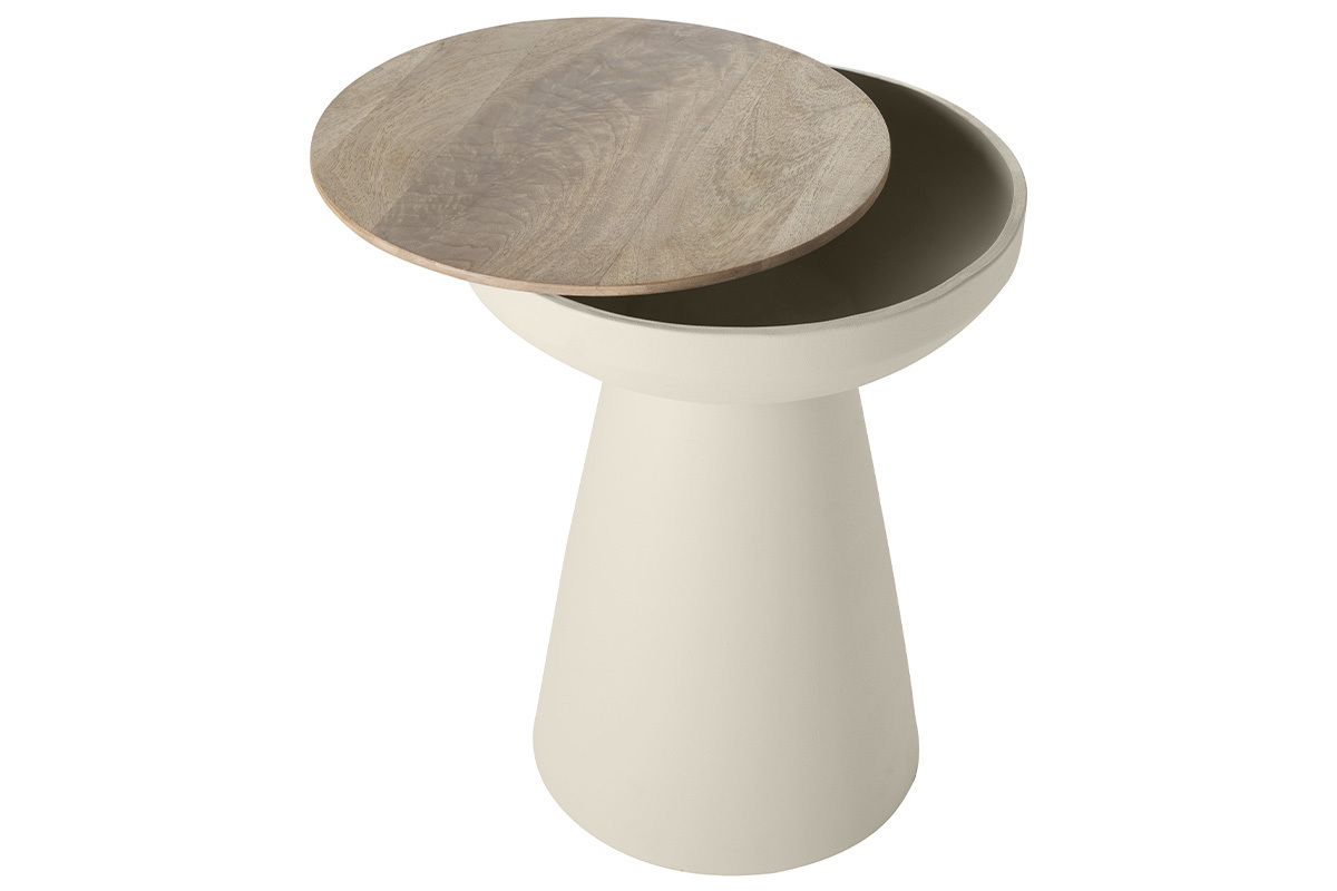 Table d'appoint ronde design avec rangement en mtal grge et bois manguier massif H52 cm TAM