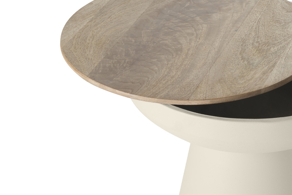 Table d'appoint ronde design avec rangement en mtal grge et bois manguier massif H52 cm TAM