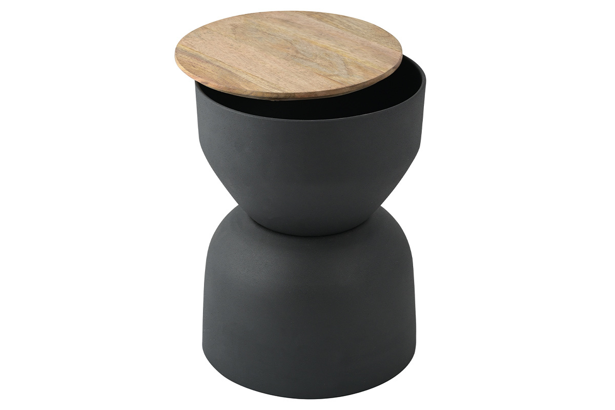 Table d'appoint ronde design avec rangement en mtal gris anthracite et bois manguier massif D30 cm YOYO