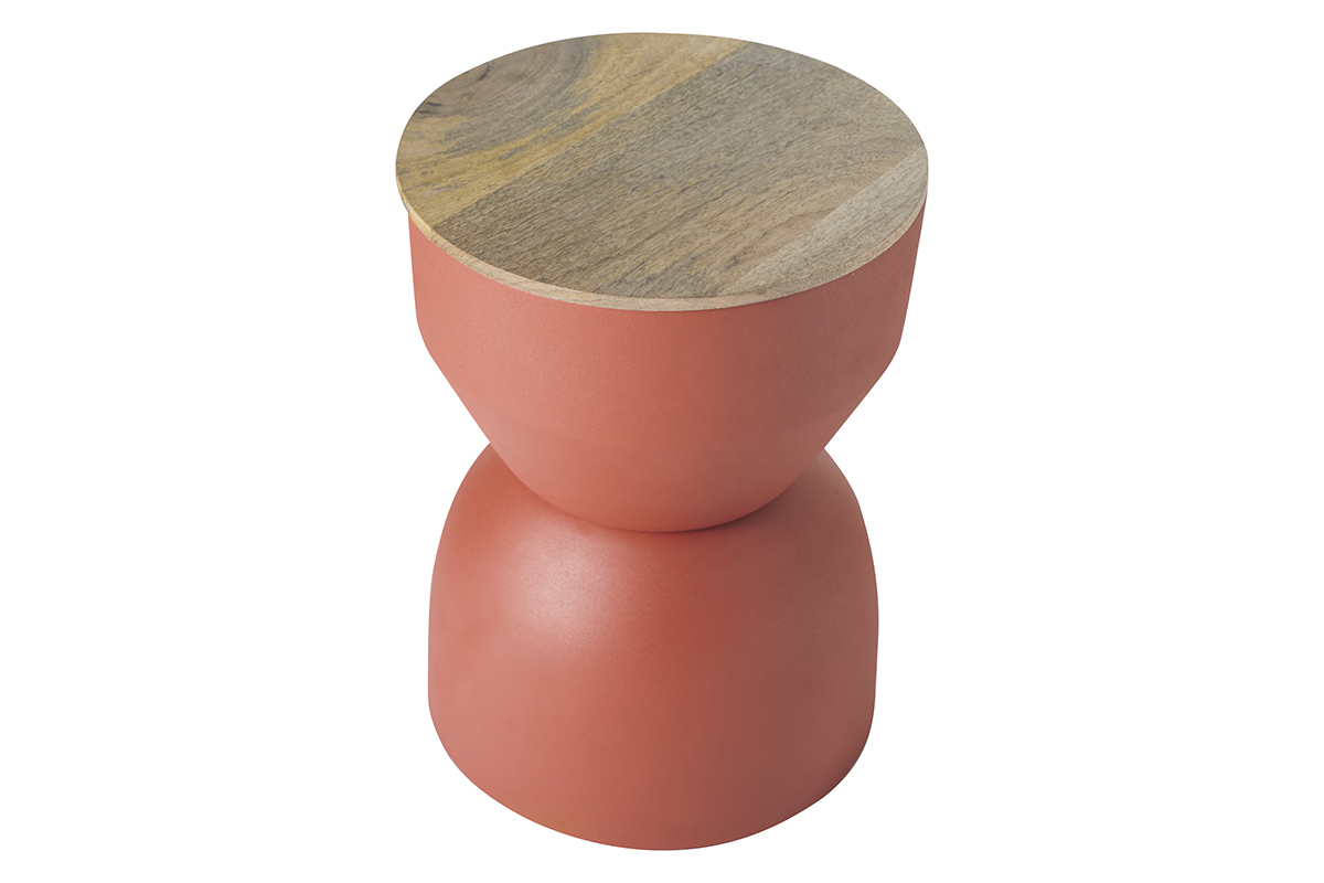 Table d'appoint ronde design avec rangement en mtal terre brule et bois manguier massif D30 cm YOYO