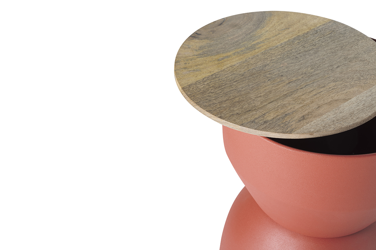 Table d'appoint ronde design avec rangement en mtal terre brule et bois manguier massif D30 cm YOYO