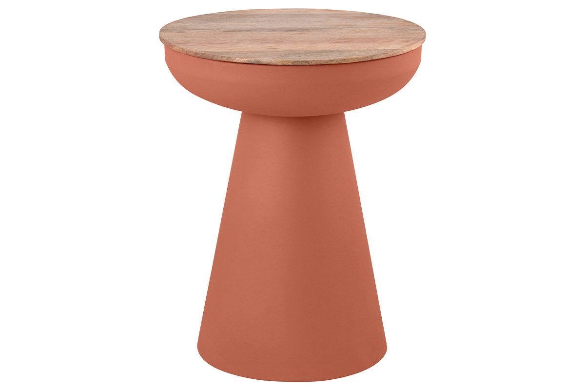 Table d'appoint ronde design avec rangement en mtal terre brule et bois manguier massif H52 cm TAM