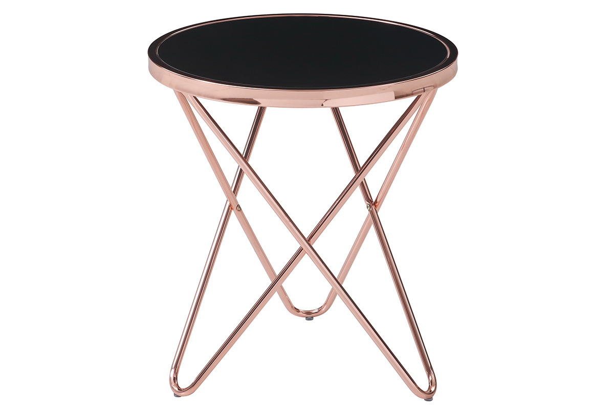 Table d'appoint ronde en mtal cuivr et verre tremp noir VEGA