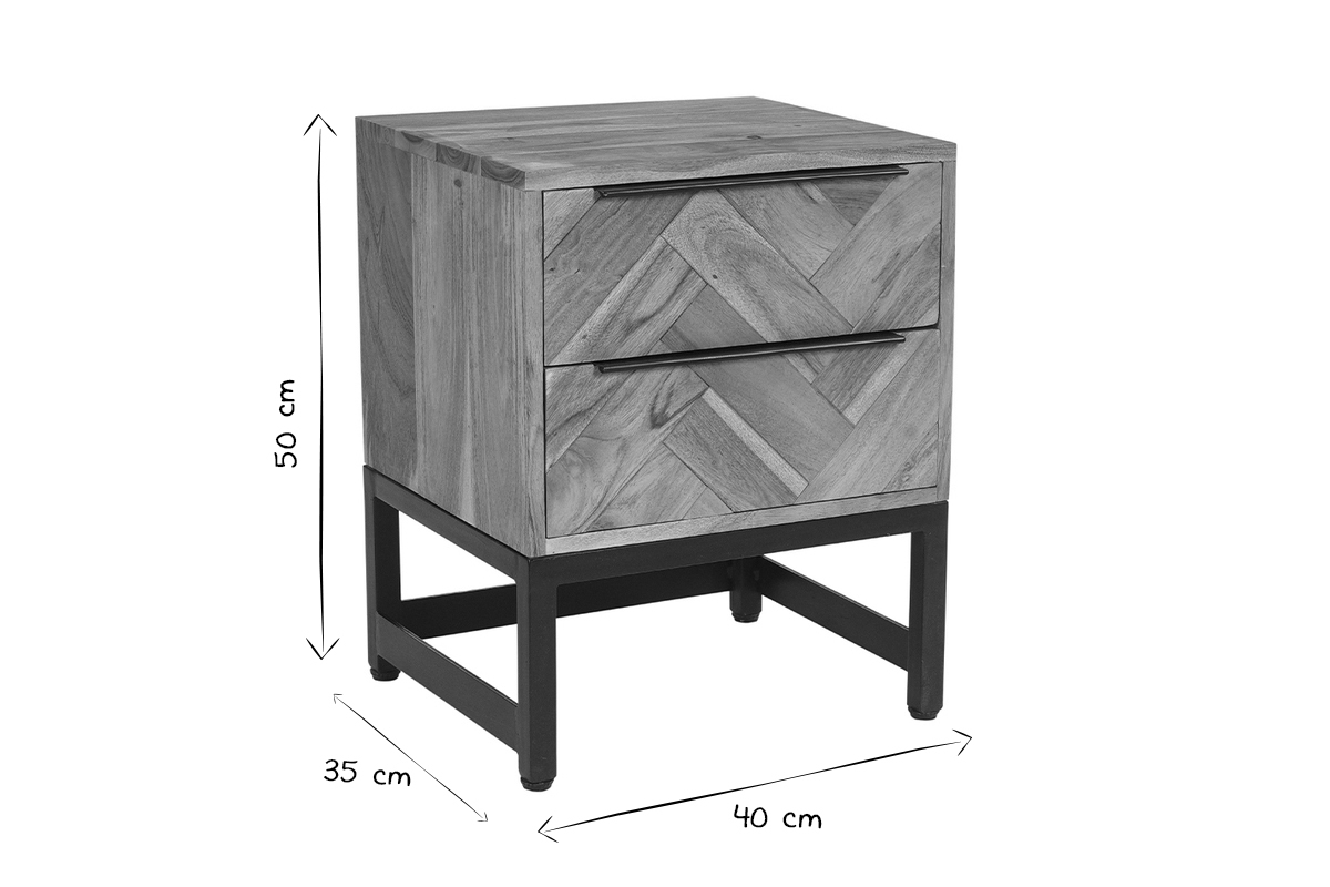 Table de chevet avec rangements 2 tiroirs  motifs chevrons en bois massif et mtal noir STICK