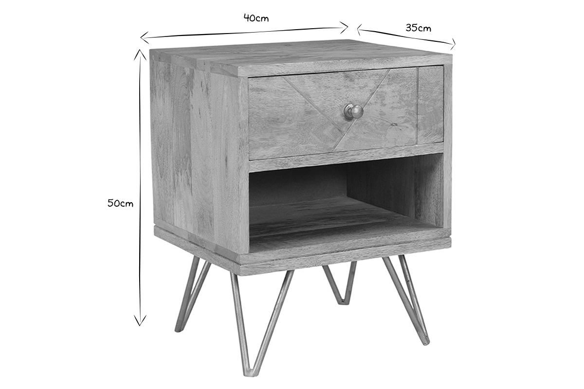 Table de chevet avec rangements bois manguier massif grav et mtal dor L40 cm LINIUM
