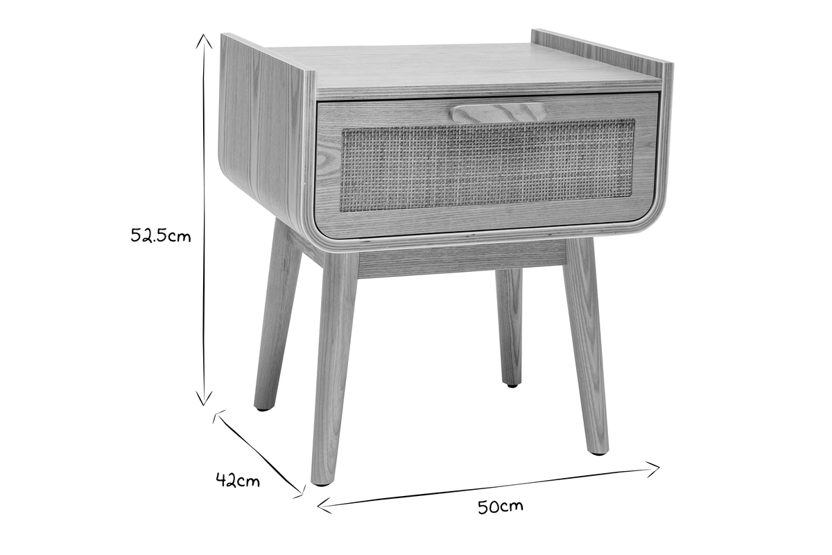 Table de chevet avec tiroir en bois clair frne et cannage rotin L50 cm ATHNE