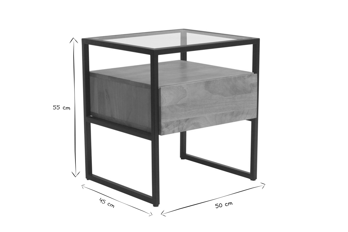 Table de chevet avec tiroir en bois manguier massif, verre et mtal noir L50 cm DIYA