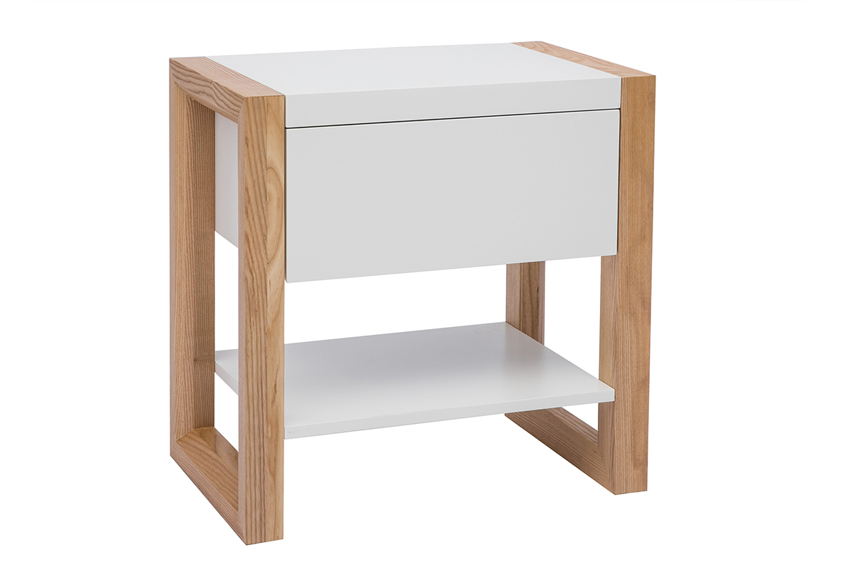 Table de chevet blanc et bois clair frne massif L55 cm ARMEL