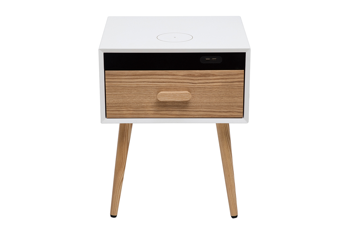 Table de chevet connecte multimdia blanc mat et bois clair massif L40 c PAVAN