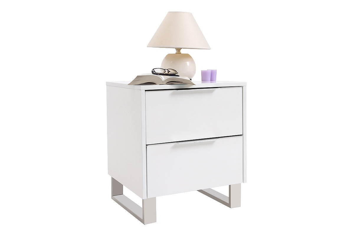 Table de chevet design blanc laqu et mtal chrom L45 cm HALIFAX