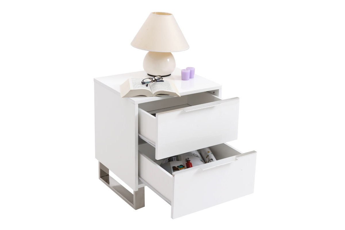 Table de chevet design blanc laqu et mtal chrom L45 cm HALIFAX