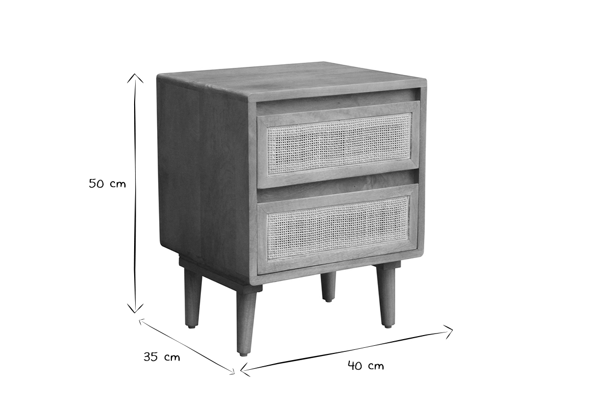 Table de chevet en bois manguier massif et cannage rotin avec rangements 2 tiroirs L40 cm ACANGE