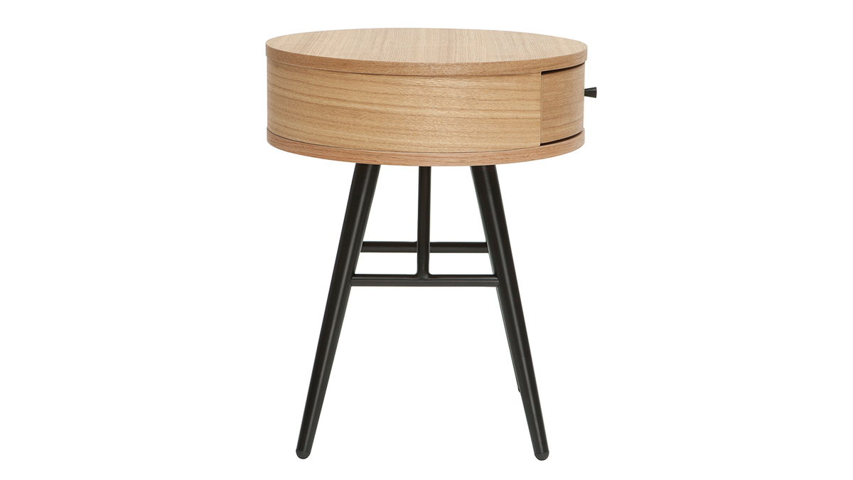 Table de chevet ronde avec tiroir bois clair et mtal noir D41 cm (lot de 2) KORAL