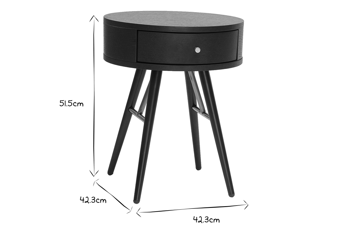 Table de chevet ronde avec tiroir bois et mtal noir D41 cm KORAL