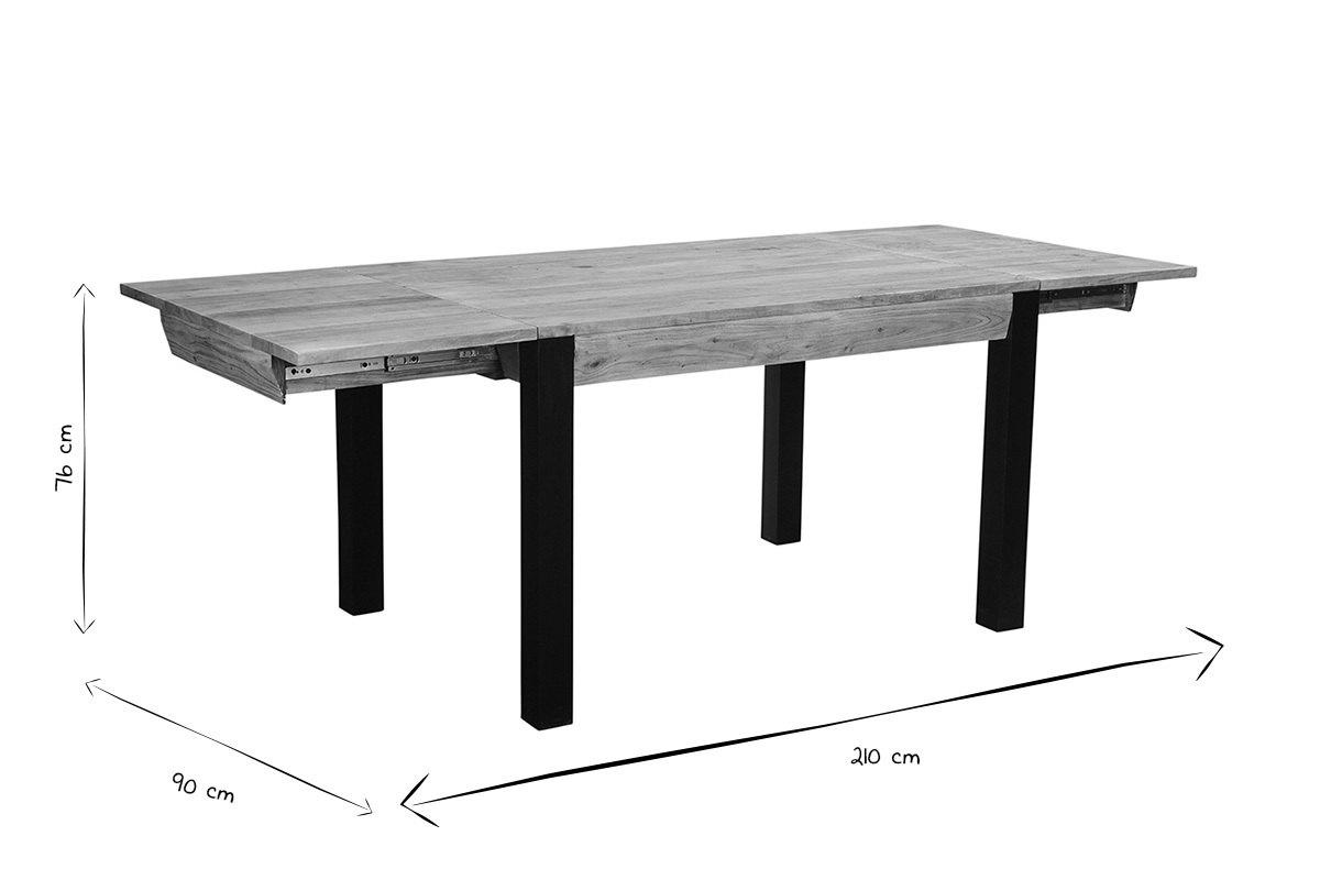 Table extensible rallonges intgres rectangulaire en bois massif et mtal noir L120-210 cm TRAP