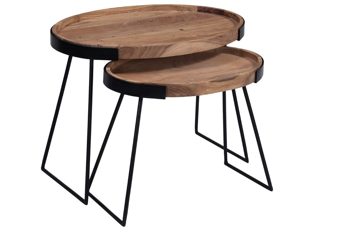 Tables basses gigognes bois massif et mtal noir (lot de 2) ELAVO