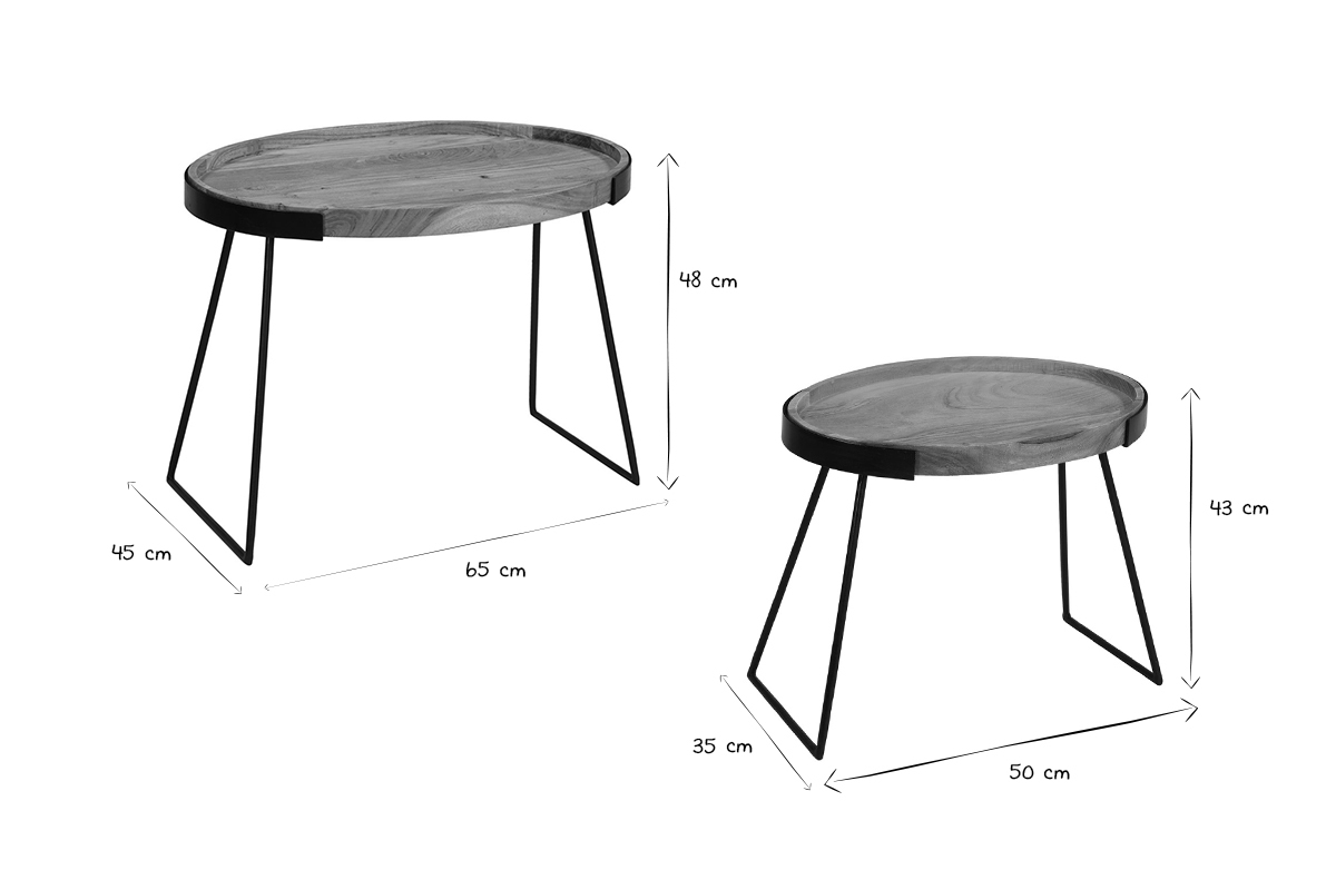 Tables basses gigognes bois massif et mtal noir (lot de 2) ELAVO