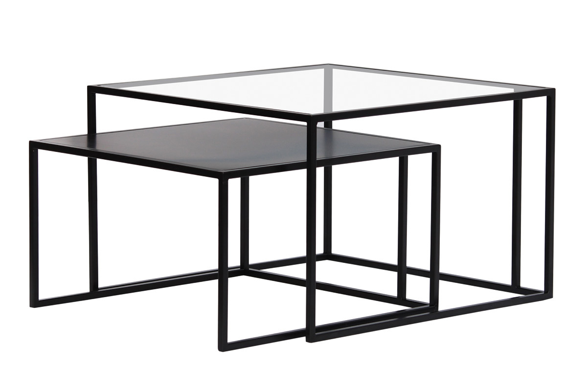 Tables basses gigognes carres design verre tremp et mtal noir (lot de 2) TAHL